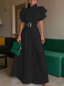 Elegant High-Waisted Fitted Wide-Leg Jumpsuit, Solid, Stand Collar Design, Belted Waist, Flared Sleeves, Perfect for Commuting & Street Style