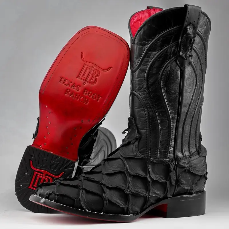 Matte Black Jumbo Pirarucu Print Leather Boots - Square Toe (TCY)