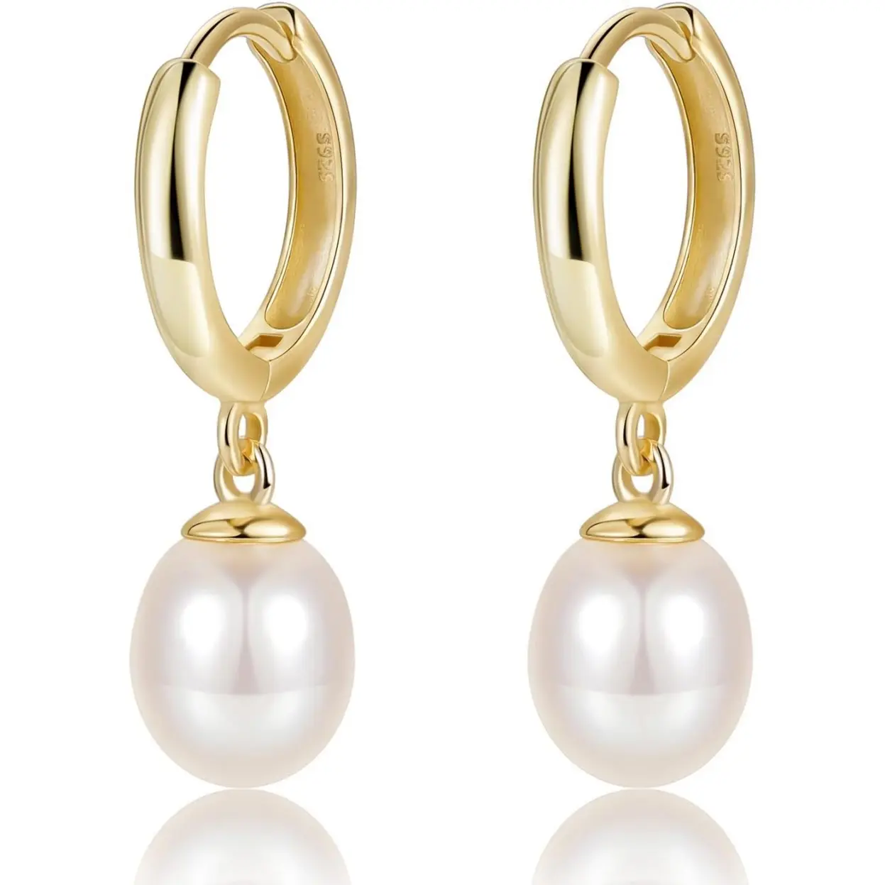 EAMTI Pearl Earrings for Women Trendy 925 Sterling Silver Freshwater Cultured Pearl Huggie Hoop Drop Earrings 14K Gold Plated