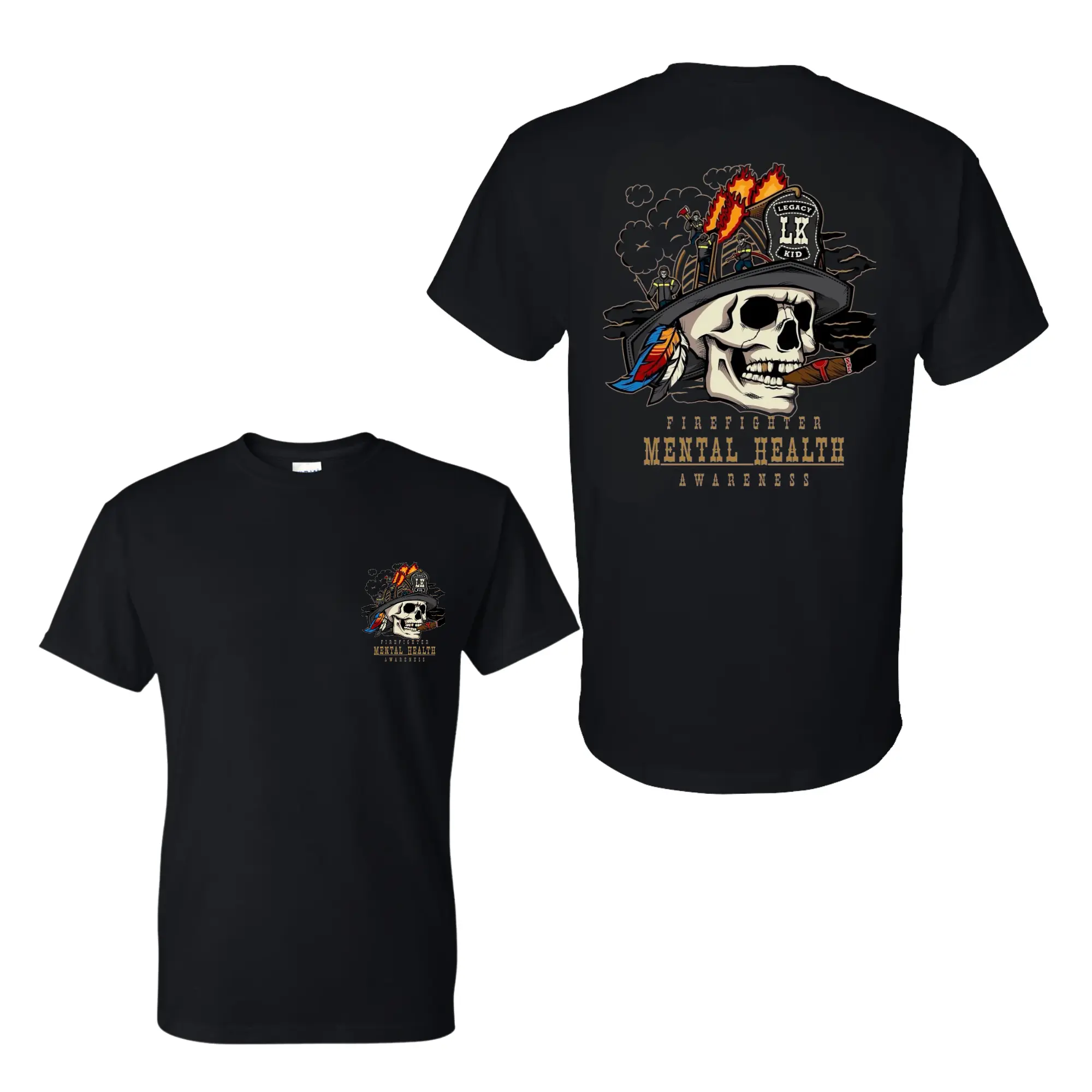 Firefighter Mental Health Awareness T-Shirt, 2-Sided Skull Graphic Shortsleeve Top, Casual Fitted Tee for First Responder Support, Round Neck, Sports, Casual Style Tee, Tshirt, Short Sleeves