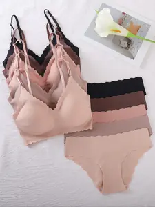 Women's Solid Color Removable Padded Bra & Soft Panties Set, Casual Comfy Breathable Scallop Trim Lingerie Set for Daily Wear, Underwear Set for Women