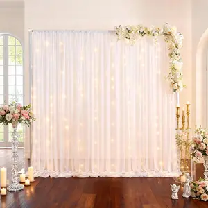 2 Panels-5ft X 10ft White Tulle Backdrop Curtain with Lights String for Parties Wedding Bridal Shower Sheer LED White Curtain Backdrop for Birthday Ceremony Photo Background Decorations