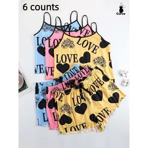 Plus Size Heart & Letter Print Bow Decor Pyjama Set, Casual Comfortable Camisole & Elastic Waist Shorts Pj Set, Women's Sleepwear for All SeasonsGift