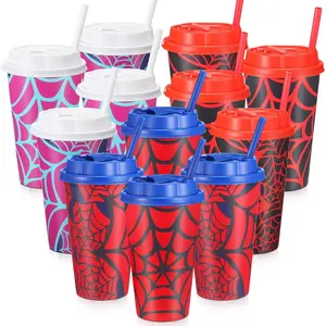 12 Pcs 16 oz Spider Cups Bulk, Spider Birthday Party Favors Cups with Lids and Straws, Plastic Cup for Birthday Party Decorations Celebration Birthdayy Partty Favor Supplies for Friends