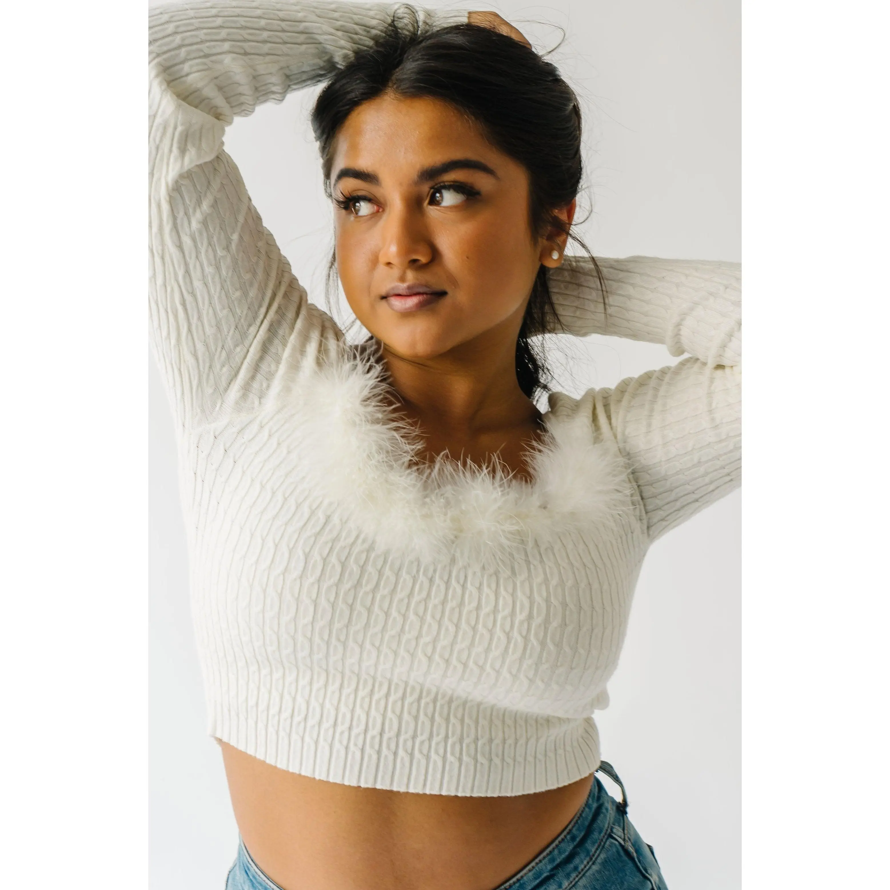 The Amir Fur Detail Cropped Sweater in Off White