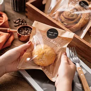 100pcs, 50pcs bag+50pcs decal, Clear Heat Seal Bakery Bags with Window and 50 Stickers - Individually Wrapped - Premium Packaging - Perfect for Wrapping Cookies, Donuts, and Egg Sandwiches - Greaseproof and Disposable