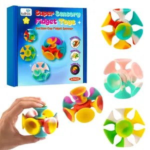 Kiditos Suction Cup Spinner Toys, 4 Pack Sensory Fidget Toys for Toddlers, Kids & Adults, Screen-Free Stick and Spin Toy for Window, Table, Bathtub, Car Rides, Travel, Office Desk, Party Play