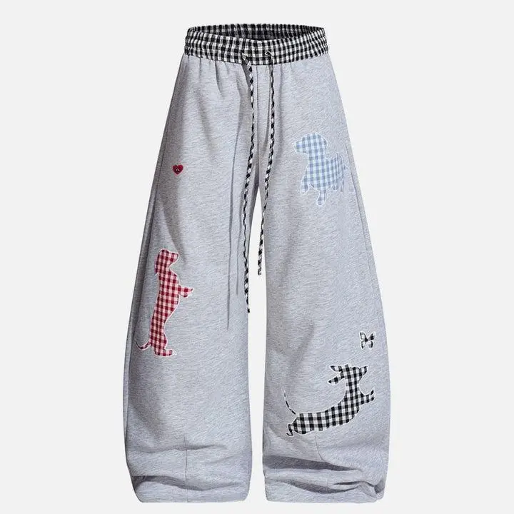 Aelfric Eden Plaid Dog Baggy Barrel Sweatpants High Waist Balloon Barrel Silhouette Plaid Double Waistband Design Plaid Dachshund Patches & Accents Plaid Braided Drawstring Soft Fabric Cute Retro Streetwear Unisex Bottoms
