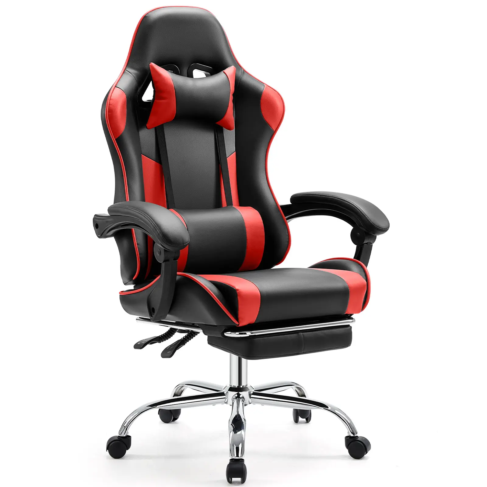 PU Leather High-Back Ergonomic Racing Look Single Seat Gaming Executive Chair - 360-Degree Adjustable Swivel Base, Headrest, Footrest, Lumbar Support - Indoor Furniture for Gaming, Office Use