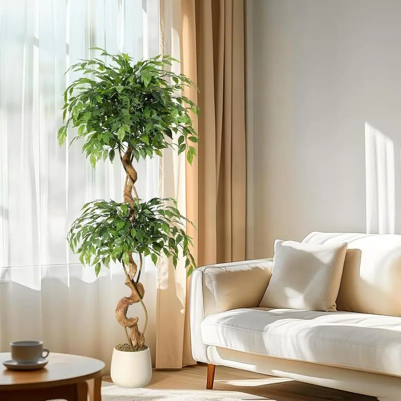 5ft 4FT/5FT/6FT Banyan Tree Artificial Tree, Artificial Plant Fake Silk Tree with White Flower Pot, Fake Banyan Tree for Home Decoration, Indoor Outdoor Living Room