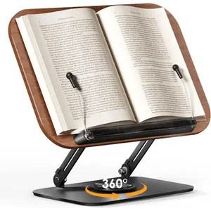 Book Stand for Reading, Adjustable Book Holder with 360° Rotating Bases, Foldable Designs, and Elastic Clips, Multifunctional Display Stand For Recipe,Cookbooks,Magazines,Tablets,Laptops