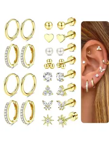 24Pcs 20gauge Flat Back Stud & Hoop Earrings for Women Hypoallergenic Stainless Steel Cartilage Huggie Hoops Earring Ear Studs Butterfly/Sun/Heart Flatback CZ Stud Earring Sets for Multiple Piercing Jewelry Stacks Gifts for Women