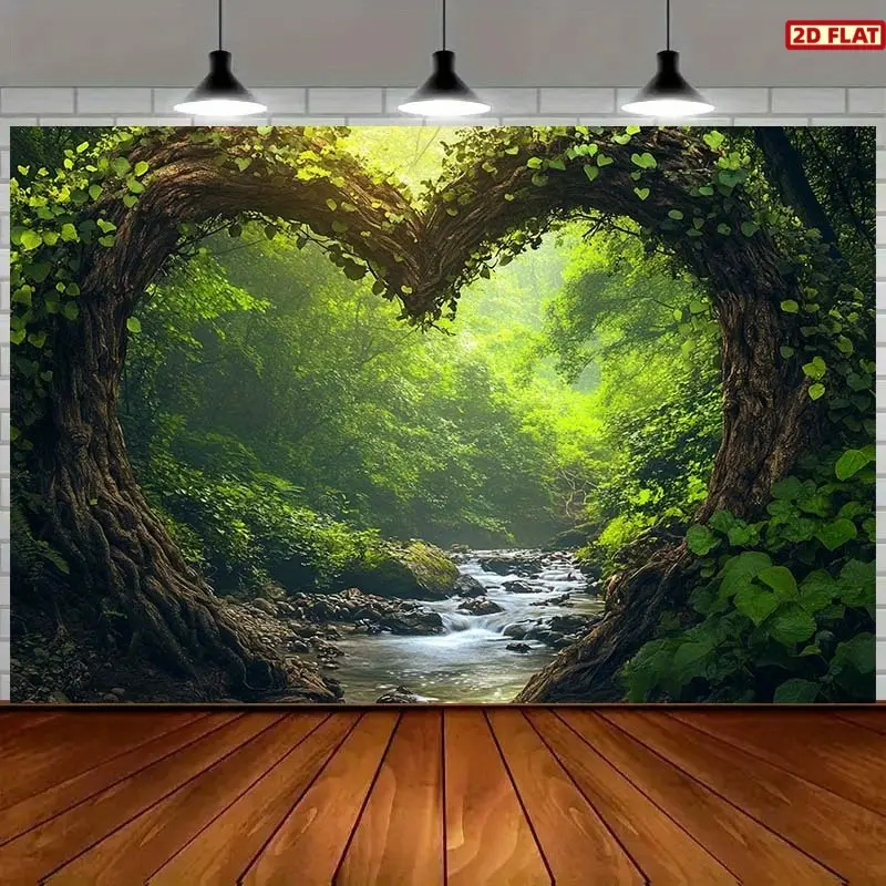 2D Flat Banner, 1pc heart-shaped tree frame Backdrop with serene stream & lush greenery, Backdrop Decoration - durable Polyester Wedding & Party background Banner for romantic events, birthdays, photo shoots - Wall Decor Banner