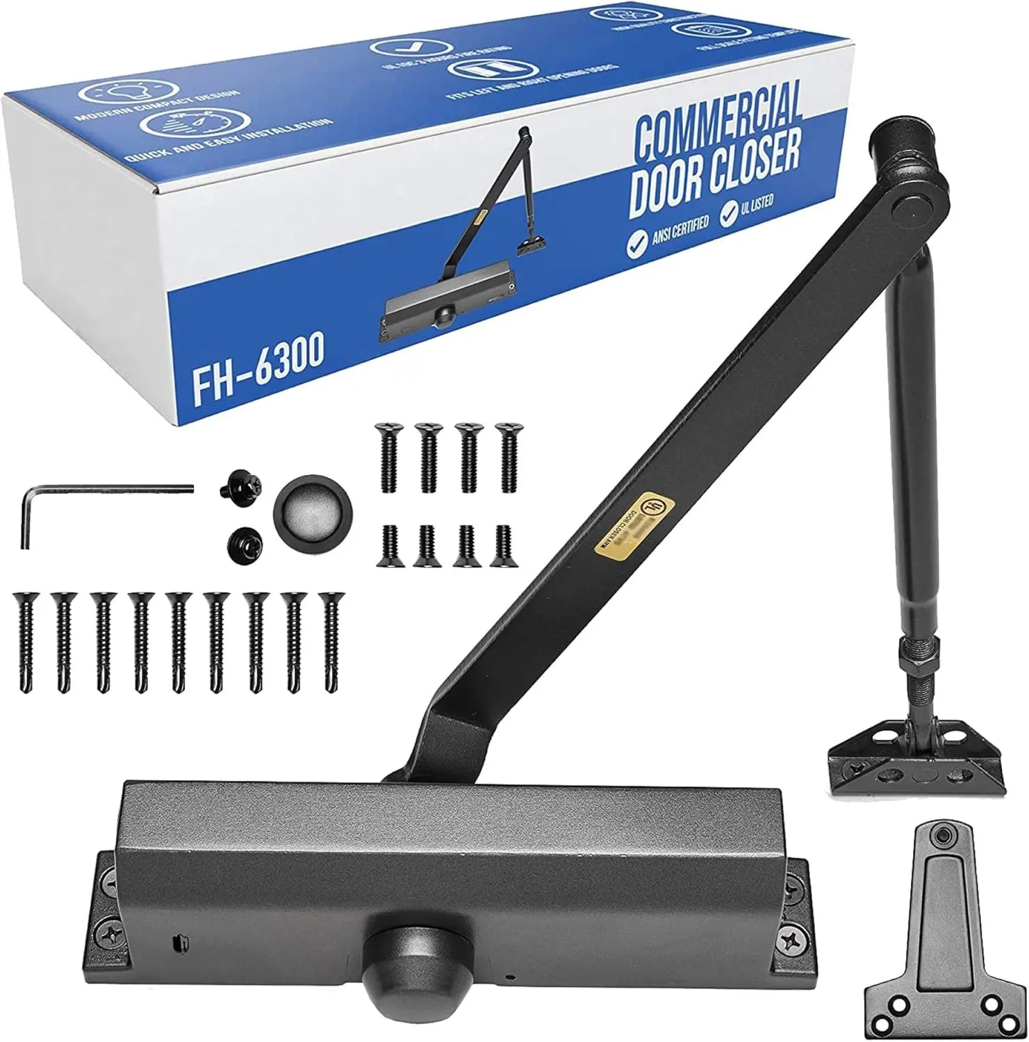 Commercial Door Closer (Black) - Automatic Door Closer - UL Listed Grade 1 ADA Hydraulic Door Closers Certified - FS-6300B