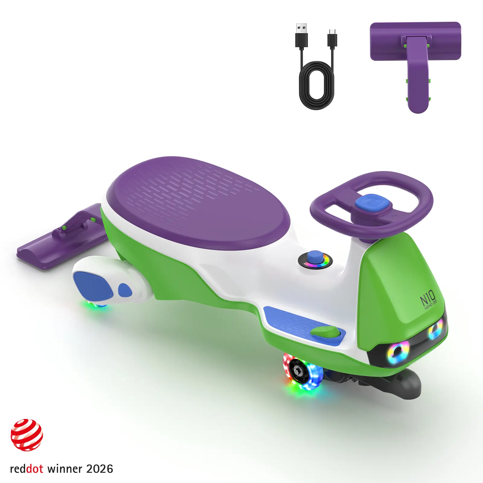 FanttikRide N10 Pro Electric Wiggle Car with Pedal, Type-C Rechargeable Battery, One-Click Detachable Mop, GlideWiz, Anti-Rollover, Flashing Wheels, Bluetooth, for Ages 3 and Up, 150 Lbs, Tricycle