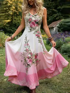 Elegant Vintage Floral Print Sleeveless Dress for Plus Size Women, Colorblock Design, Summer, Perfect for Casual Wear & Special Occasions