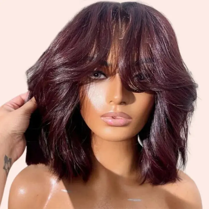 Jessie's Wig [Roda] 99J Red With Curtain Bangs Wavy Short Bob Style Glueless Pull Go Wig  #SummerWins #DealsForYouDays