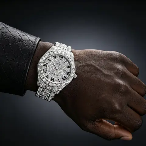 Men's Hiphop Iced Out Rhinestone Fob Watch - 10in Plated Metal Cuban Chain Band, Elegant Roman Numerals Dial, Luxury Fashion Accessory, Cool Gift for Boyfriend