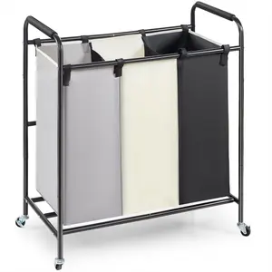 【Summervibes】VEVOR 3-Section Laundry Basket, Heavy Duty Laundry Hamper Storage Organizer, Laundry Sorter Cart with Heavy Duty Lockable Wheels for Dirty Clothes in Laundry Room Bedroom Metal Waterproof