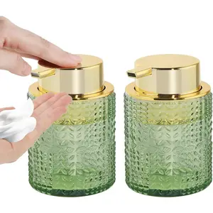 2pcs Foaming Soap Dispenser, Foam Soap Dispenser with Gold Pump, 10 Oz Green Container Pump Bottle with Vintage Pattern for