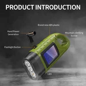 LED Solar Hand Crank Multi-Function High Power Flashlight, Camping Power Emergency Light, Outdoor Lighting Fishing Lamp, Portable Abs Work Light with Hook Design