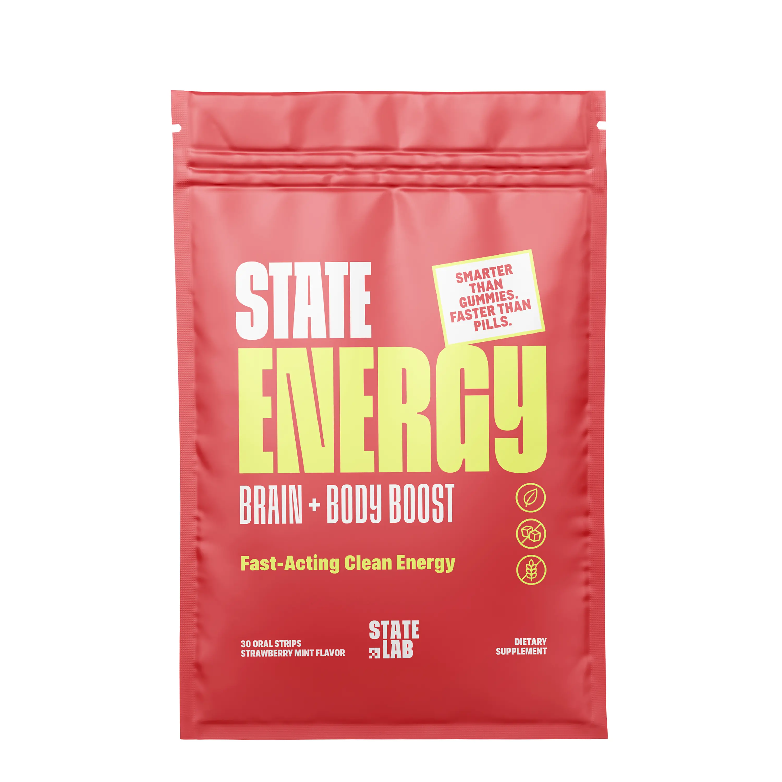 STATE ENERGY Fast-Acting Oral Strips for Adults, 1 Strip Serving, Focus & Balanced Support with Natural Caffeine, L-Theanine, B1 & B Vitamins, Vegan, Gluten-Free, Sugar-Free, Strawberry Mint Flavor