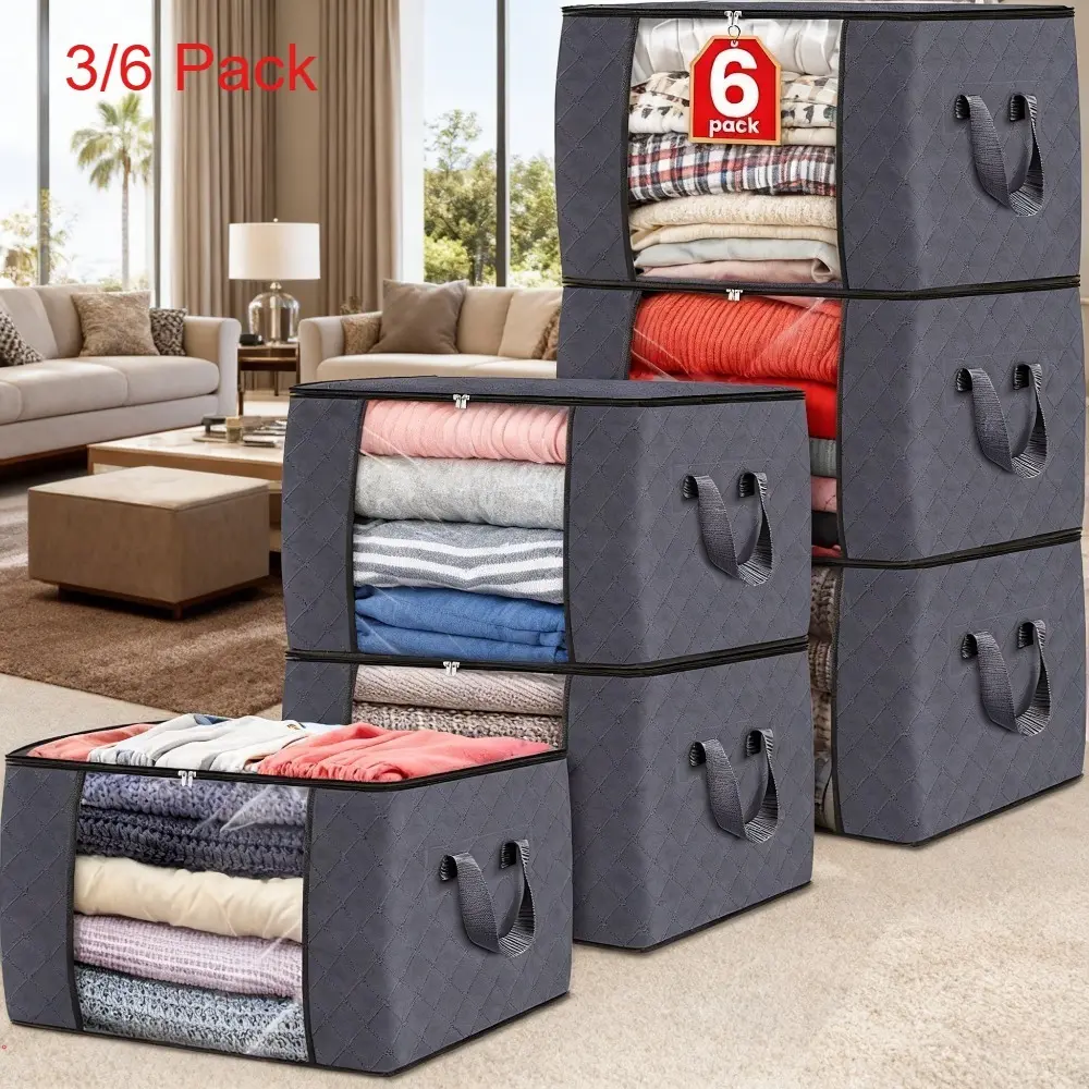 60L Grey Fabric Storage Bins with Lids & Clear Window, 3/6 Pack/Set Collapsible Closet Organizers with Handles for Clothes, Clothing Storage Organizer, Blankets, Under Bed Storage, Space Saving Bag, Folding Storage Containers, Clothes Quilt Storage