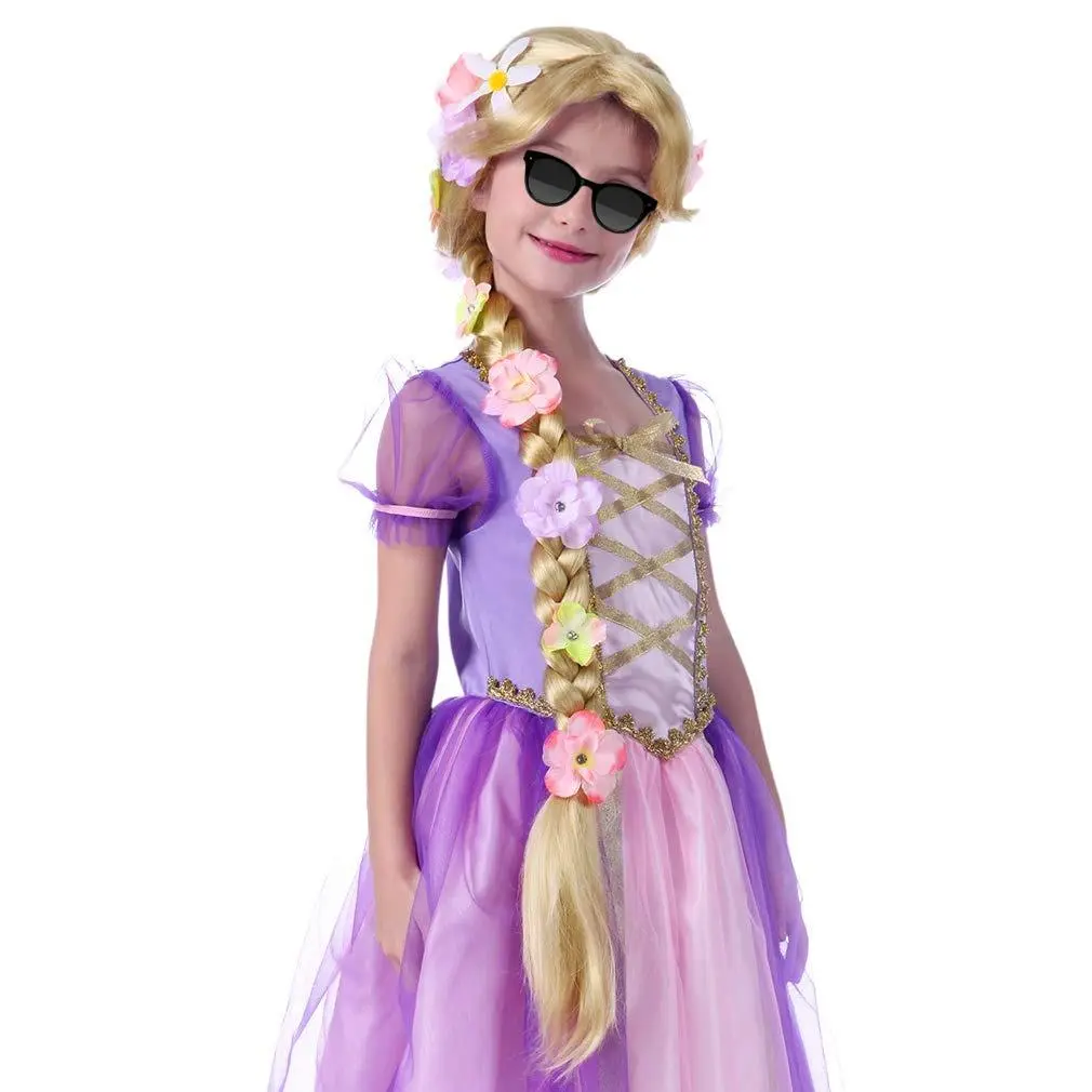 Girls' Rapunzel Princess Wig - 35-Inch Super Long Straight Blonde Braided Hair with Flower Accents, Adjustable Size for Halloween Costume, Cosplay, Christmas, Kids' Hair Accessory