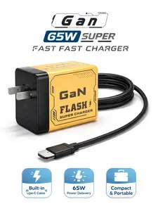 65W GaN High-Efficiency Super Fast Charger with Built-in Type-C Cable, Compact EU Type USB-C Wall Charger Block for Smartphone, Cellphone, Android Devices