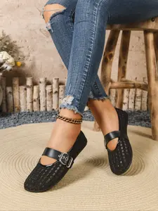 Women's Mesh Mary Jane Flat Shoes, Classic Casual Summer Sandals, Breathable Rubber Sole, Fashion Rhinestone Embellishment, French Vintage Style, Breathable Flats