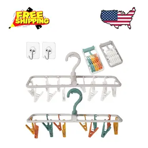 Clothes Drying Racks 2 Pack Grey Colour Small Folding Portable Underwear Hangers with 12 Clips 360° Rotatable Hook