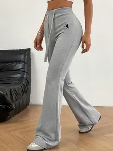 Light gray embroidered drawstring, Elastic waist drawstring high waisted Casual Loose Pants for women, with embroidery elements highlighting details. The drawstring waistband is suitable for commuting to work, shopping and outdoor activities