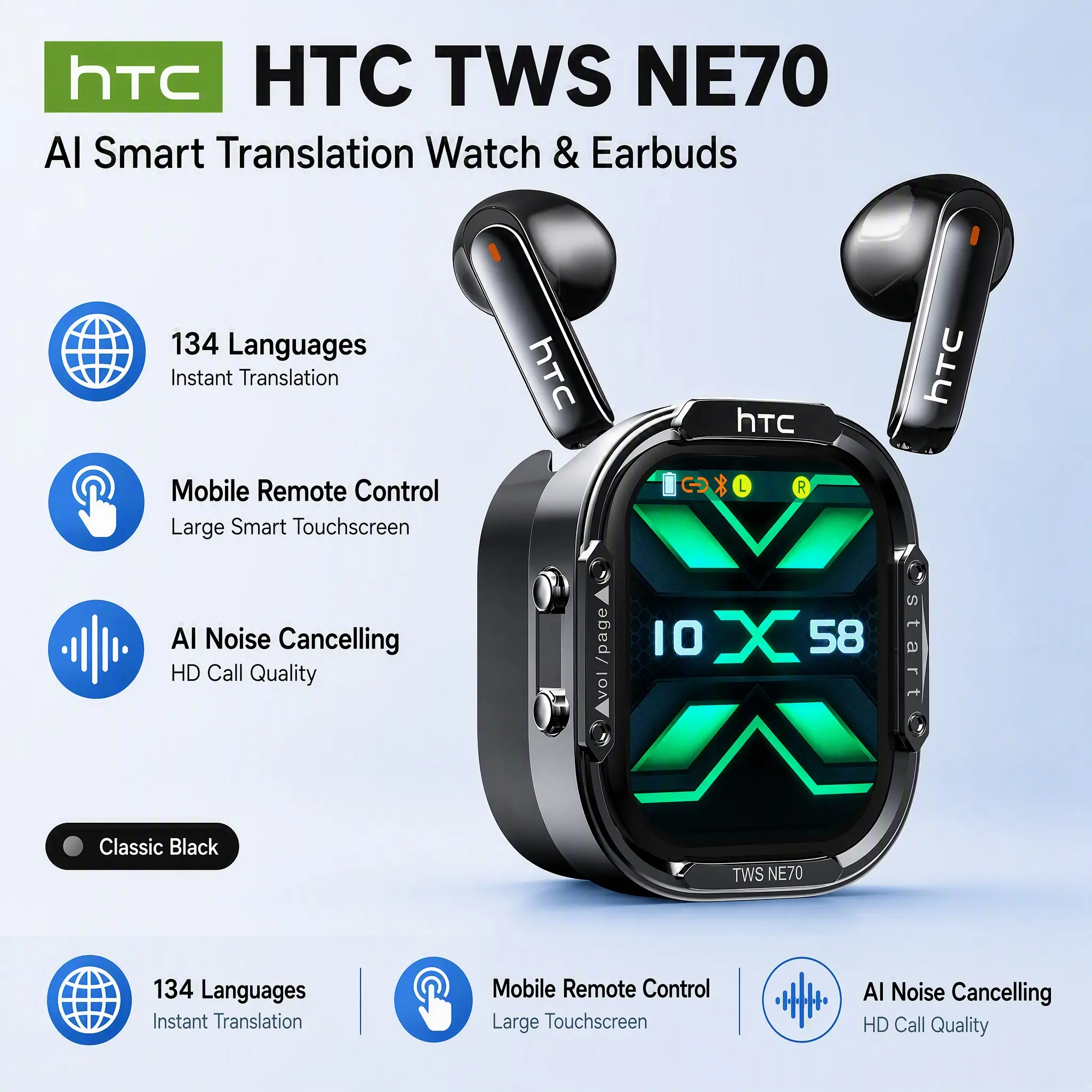 HTC NE70 TWS Wireless Earphones - Bluetooth 6.0 Gaming Bluetooth Earbuds, LED Touch Cues Smart Touch Control, Lightweight In-Ear Headset, IPX5 Waterproof, Built-In Voice Call Mic, Low Lag, Batteries, for Gaming, Sports