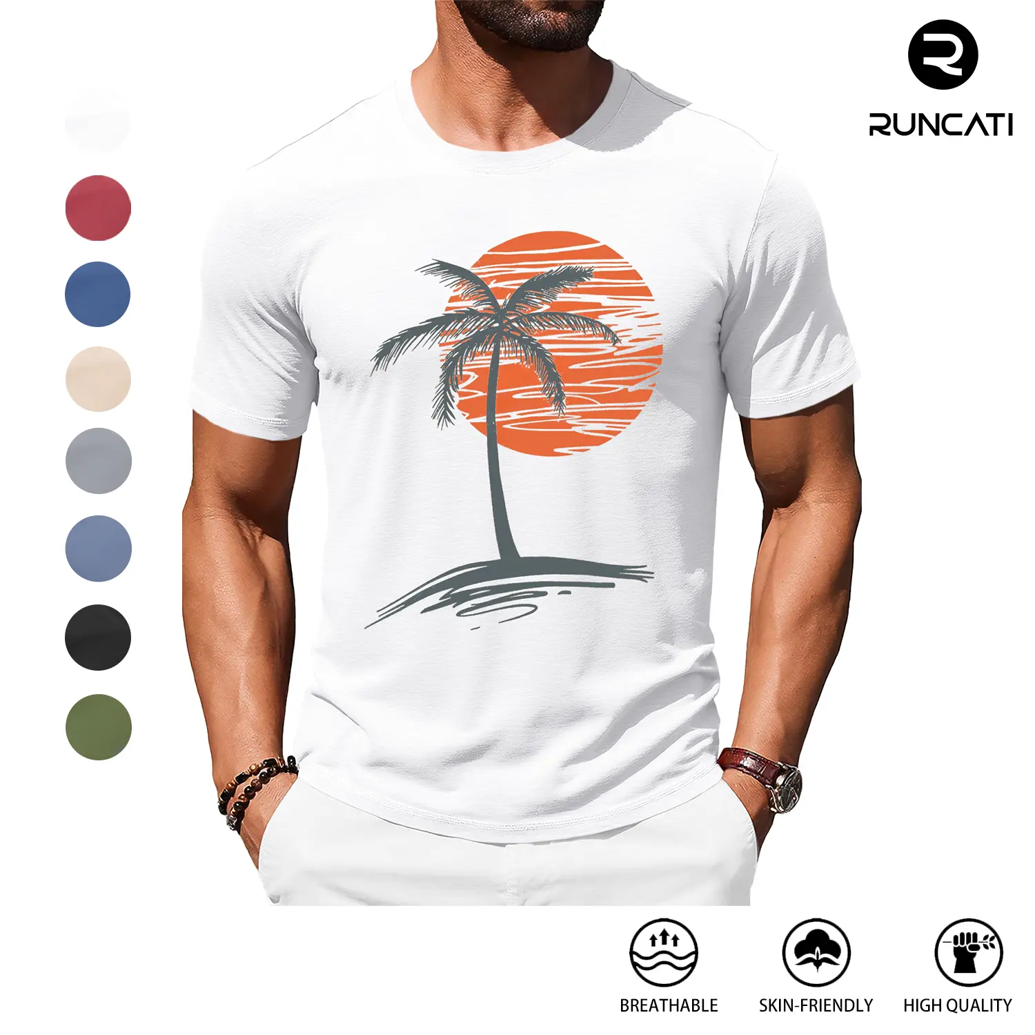 Runcati Mens Short Sleeve T-Shirts Crew Neck Casual Shirt Summer Beach Palm Tree Vintage Hawaiian Tees