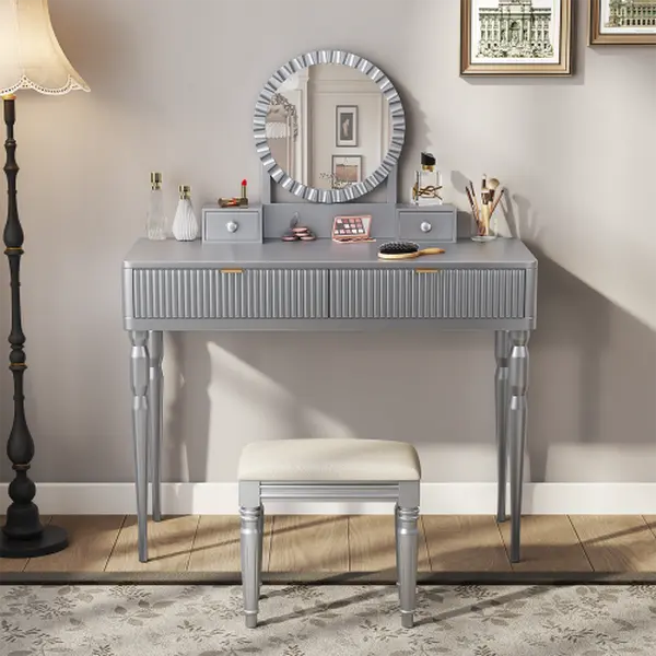 Bellemave Wood Classic Makeup Vanity Desk with Round Mirror - Height-Adjustable, 4 Drawers, Single Seat Stool, Silver, Preassembled Top, Dresser & Beauty Organization, 39.4x17.7x29.9in, 55.1lbs Indoor Furniture