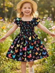 Girls Summer Dress with Colorful Butterfly Print, Short Sleeve Bubble Design, Casual Knee Length for Daily Wear