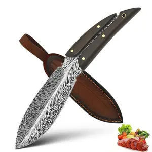 Outdoor camping knife chef knife, high-grade steel, feather shape design, leather sheath, suitable for kitchen outdoor camping and barbecue use, fishing liner lock survival equipment gift for men and women,Open poket  knife