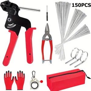 Stainless steel cable tie gun set, includes 150 black metal cable ties, adjustable fastening and cutting tool set, suitable for fences, automobiles, and other applications; heavy-duty cable ties, reusable cable ties.