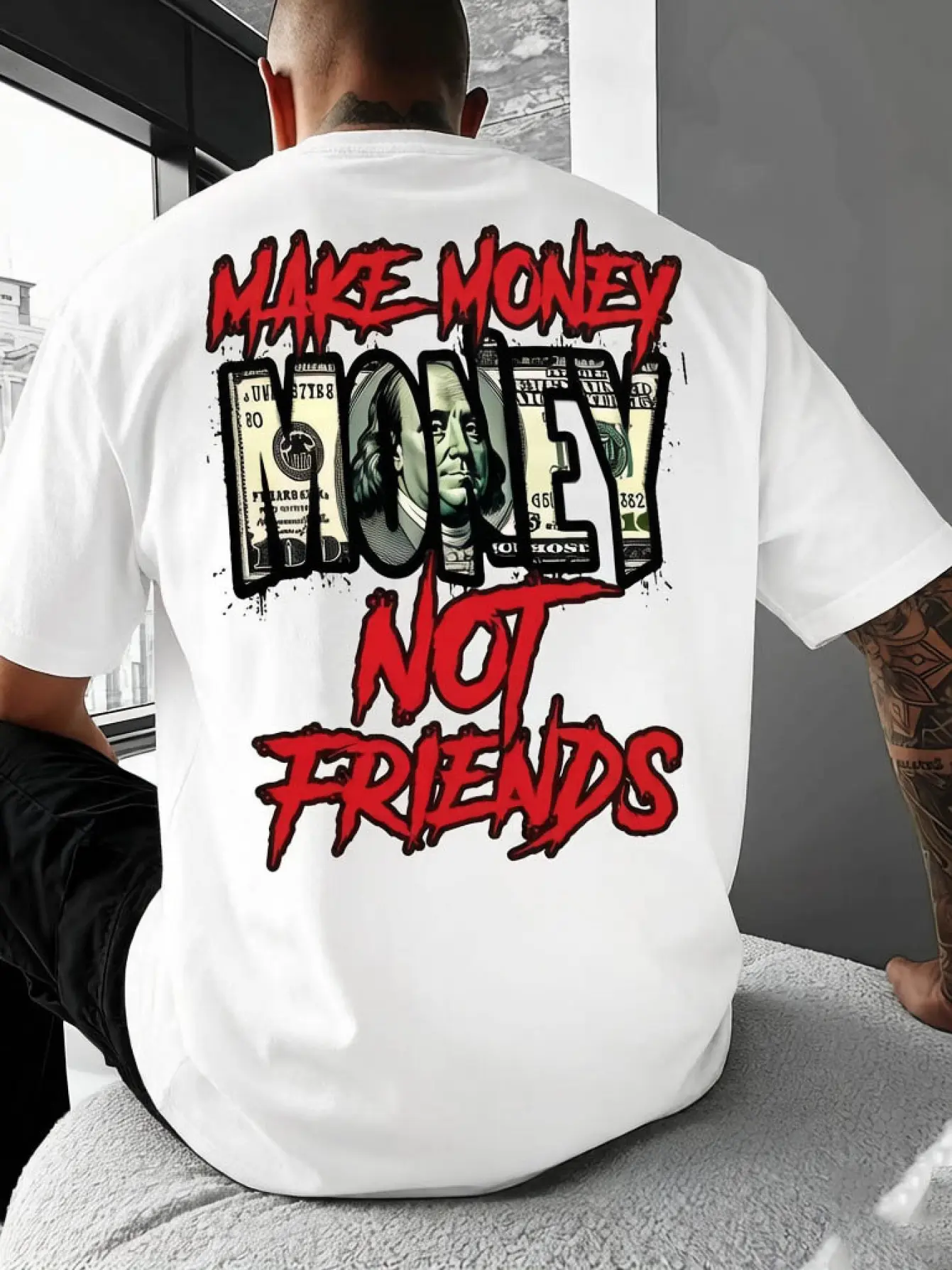 Men's Make Money Not Friends Slogan Graphic Tee Retro Streetwear Style Printed Design Not Textured Casual Crew Neck Short Sleeve Top Soft Breathable Fabric Apparel Trendy Summer Outdoor Clothing Daily Commute Versatile All Season Casual Gift