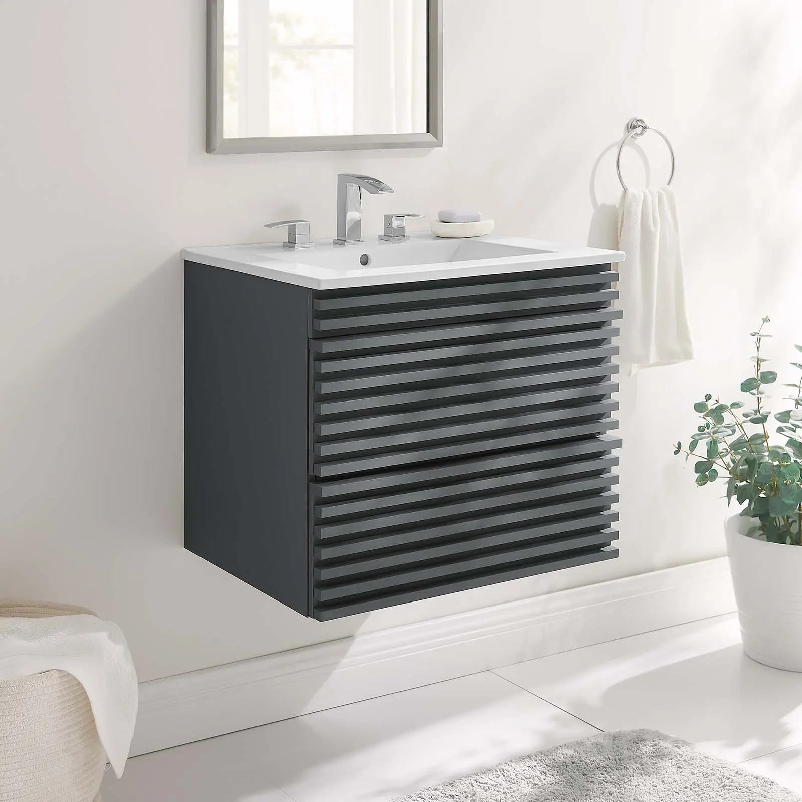 Modway Retro 24" Wall-Mount Rectangle Bathroom Vanity Set, Gray White Finish, with Integrated Ceramic Sink, Ample Storage Space, Assembly Required