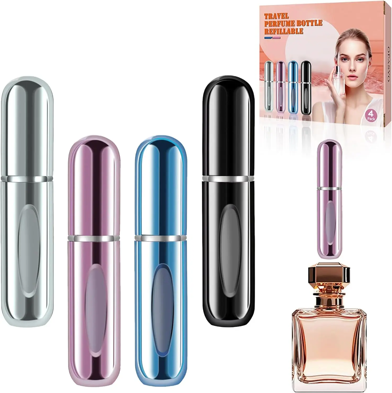 4 Pack 5 Milliliter Refillable Perfume Atomizer Bottles, Bottom Fill Portable Fine Mist Travel Sprayers in Silver, Pink, Blue and Black