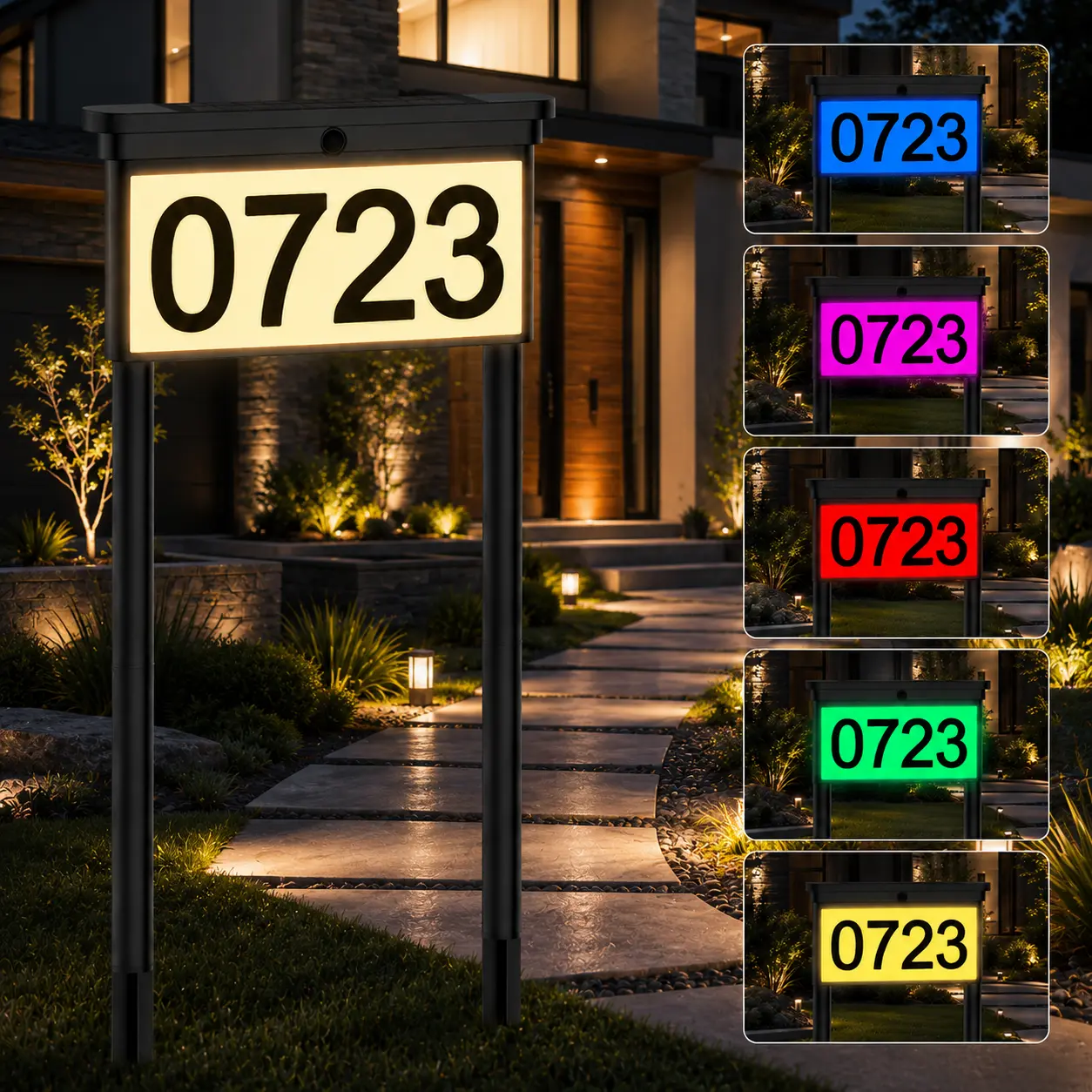 Avatar Controls House Numbers for Outside, Double-Sided LED Solar Address Number Sign, Waterproof RGBW Color-Changing Solar Address Sign with Stakes for Mailbox, Garden, Street, Home, and Yard