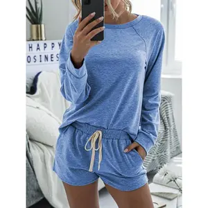 Women's Solid Raglan Sleeve Tee & Drawstring Waist Shorts Loungewear Two-piece Set Pajama Set, Casual Comfy Round Neck Top & Pocket Shorts PJ Set, Ladies Sleepwear for Spring & Fall