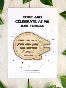 Sci-fi Ship Geeky Save The Date Magnets | Personalized Wedding Announcement | Laser Engraved wooden magnet Decor