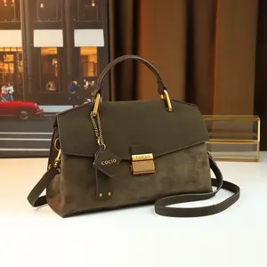 Autumn and winter 2026 new handbag lychee pattern fabric with imitation suede fabric women's bag high-end fashion versatile messenger bag commuter bag