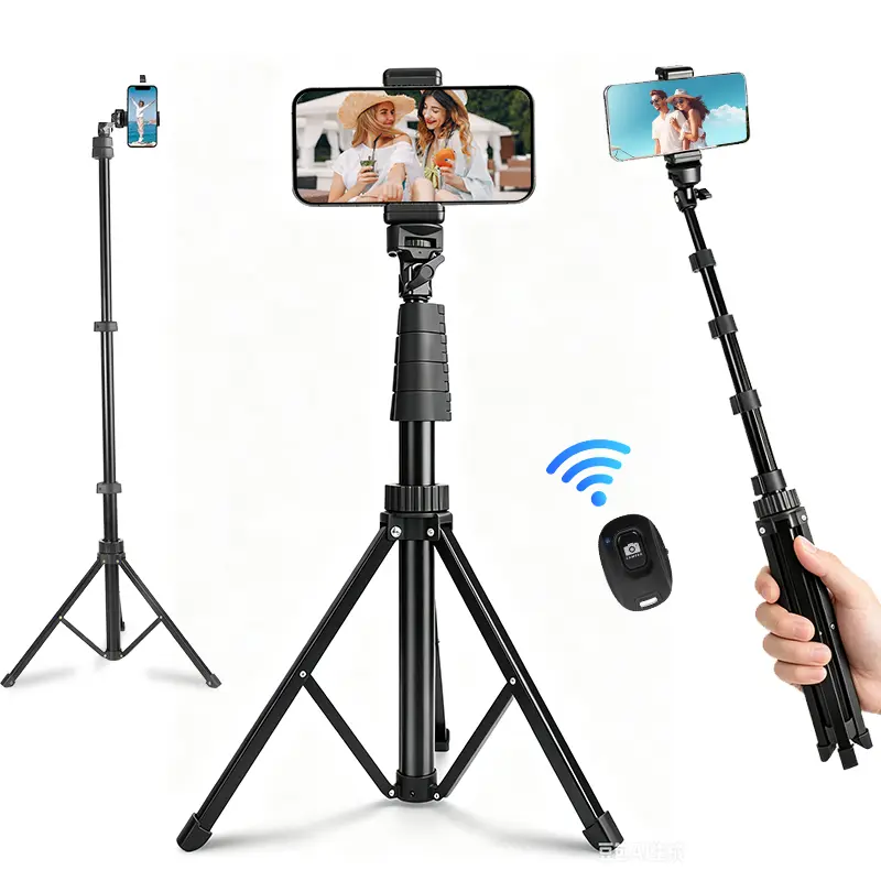 UEGOGO 63-in Extendable Mobile Phone Tripod Mount, Rechargeable Wireless Bluetooth Remote Accessory, Silicone-Enhanced Portable Travel Stand with Storage Pocket, Compatible with iPhone & Android for Selfies, Photos & Landscape Shots