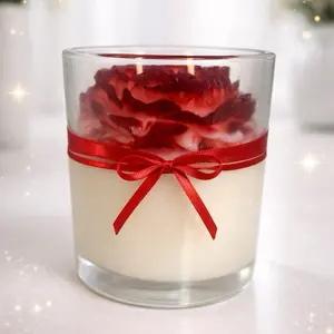 Vela Rosa Decorativa Aromática en Vaso Regalo Elegante Hecho a Mano con Diseño de Rosas Rojas y Cinta Roja