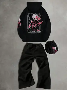 Men's Street Style Cherry Blossom Moonlight Print Sportswear Set, Hooded Drawstring Sweatshirt & Casual Pants, Fashionable Men's Sports Wear, Streetwear Tracksuit Set