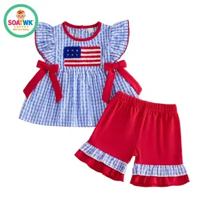 Toddler Girl 4th of July Outfit Flag Embroidery Plaid Fly Sleeve Crew Neck Tops Elastic Waist Shorts 2Pcs Clothes Set