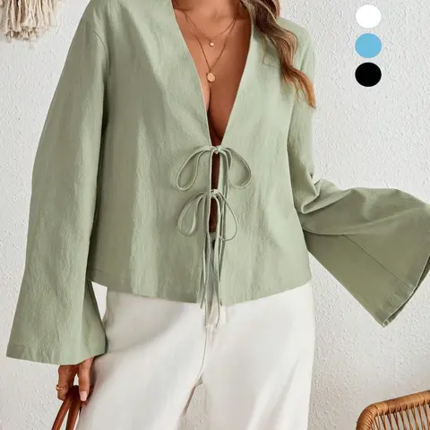 Women's Solid Tie Front Flounce Sleeve Kimono, Casual Deep V Neck Long Sleeve Outerwear Fit for Daily Wear, Ladies Clothes for All Seasons, Everyday Piece